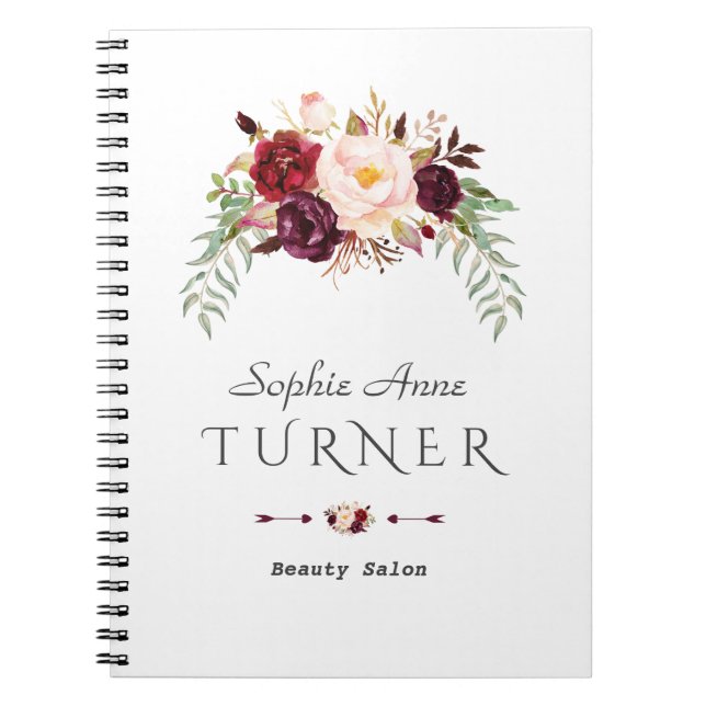 Burgundy Pink Watercolor Floral Makeup Artist Notebook (Front)