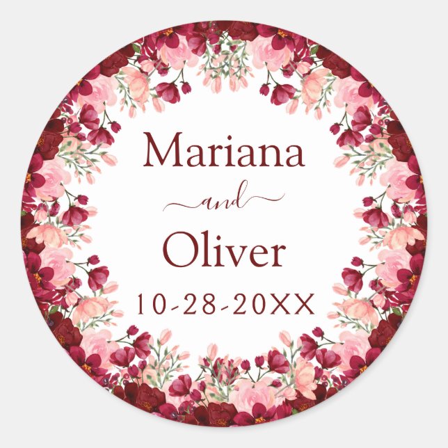 Burgundy Pink Watercolor Floral Wedding Classic Round Sticker (Front)