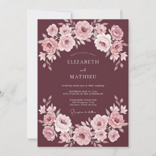 Burgundy Pink Watercolor Floral Wedding Invitation