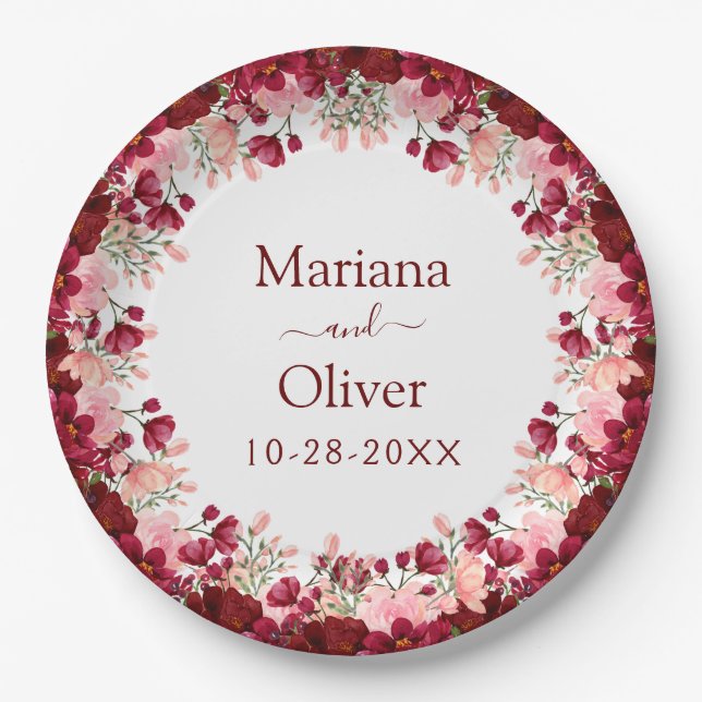 Burgundy Pink Watercolor Floral Wedding Paper Plate (Front)