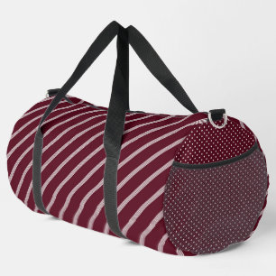 BURGUNDY PINK & WHITE DIAGONAL STRIPES & POLKA DOT DUFFLE BAG