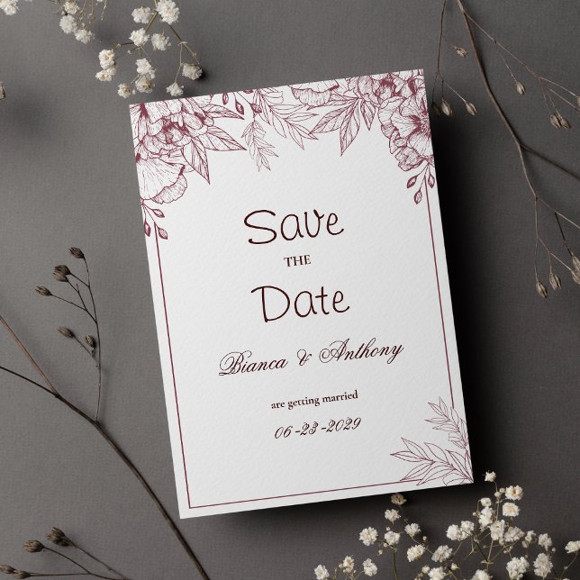 Burgundy pink white simple floral Save the Date Invitation (Burgundy pink white simple floral Save the Date )