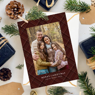 Burgundy plaid classic traditional Christmas photo Holiday Card