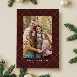 Burgundy plaid classic traditional Christmas photo Holiday Card