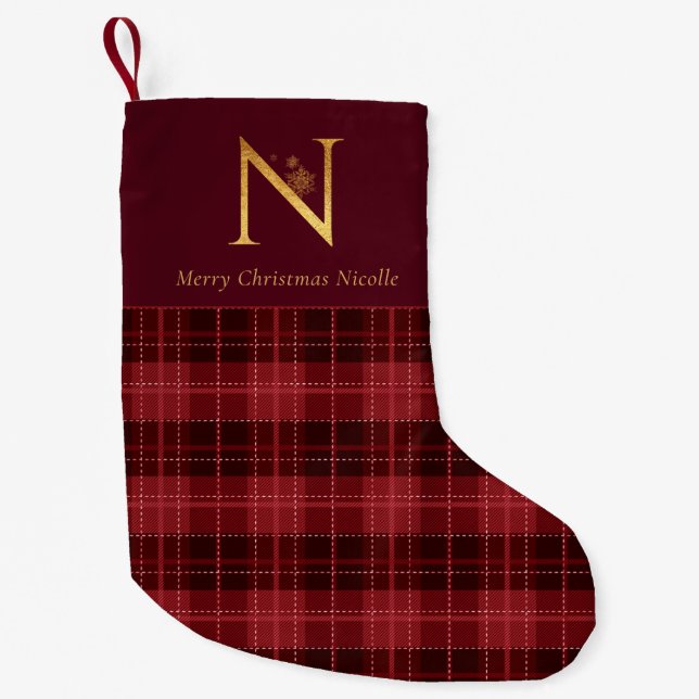 Burgundy Plaid Gold Monogram Letter N Small Christmas Stocking (Front)