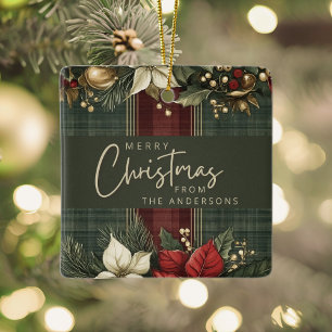 Burgundy Plaid Poinsettia Family Name Christmas Ceramic Ornament