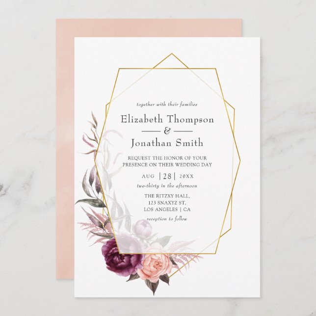 Burgundy Plum and Blush Floral Geometric Wedding Invitation (Front/Back)