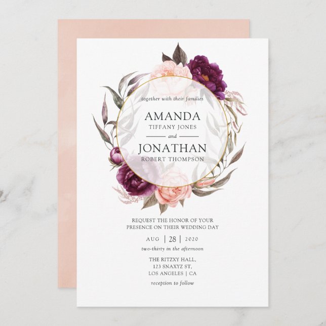 Burgundy Plum and Blush Floral Geometric Wedding Invitation (Front/Back)