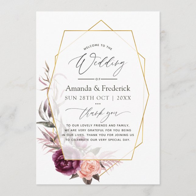 Burgundy Plum and Blush Floral Geometric Wedding Programme (Front)