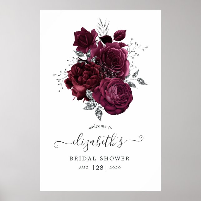 Burgundy Plum and Silver Floral Poster (Front)