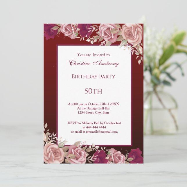Burgundy Plum Birthday Party Elegant Modern Invitation (Standing Front)