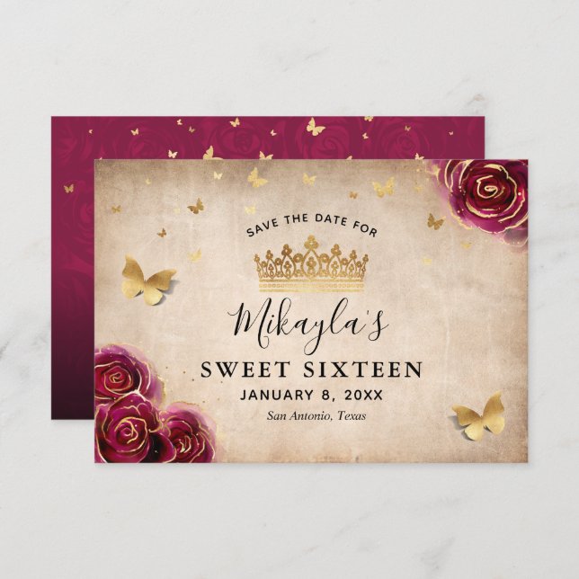 Burgundy Plum Gold Rose Parchment Elegant Save The Date (Front/Back)