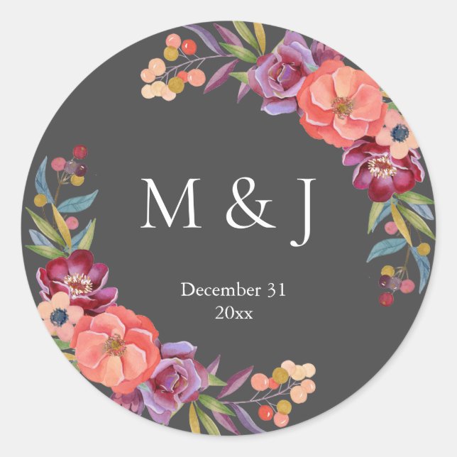 Burgundy & Plum Grey Elegant Tropical Monogram V2 Classic Round Sticker (Front)