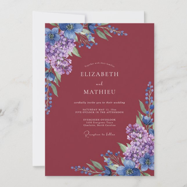 Burgundy Plum Hydrangea Eucalyptus Wedding Invitation (Front)