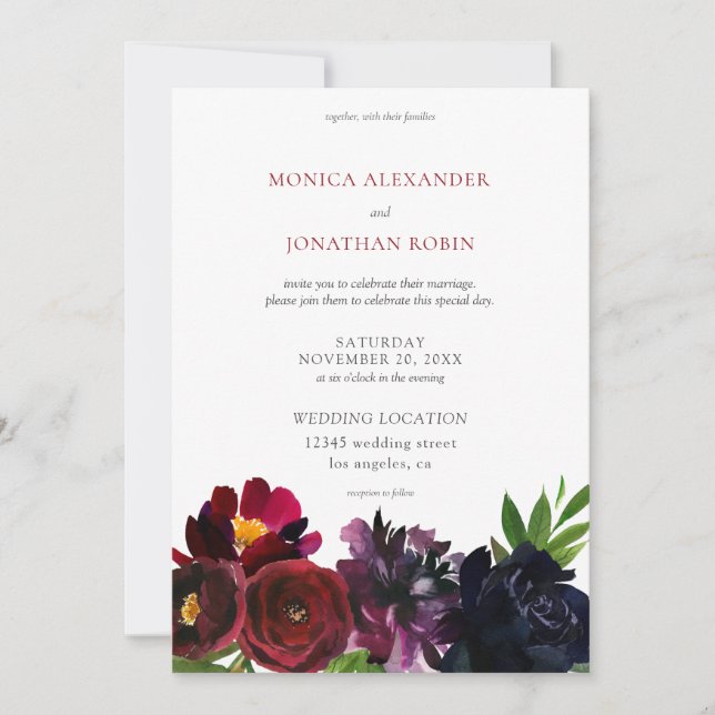 Burgundy Plum Navy Floral Invitation (Front)