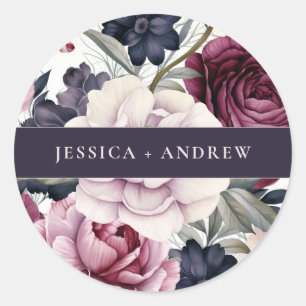 Burgundy Plum Purple Floral Watercolor Wedding  Classic Round Sticker