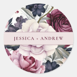 Burgundy Plum Purple Floral Watercolor Wedding Classic Round Sticker