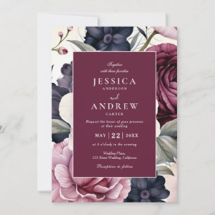 Burgundy Plum Purple Floral Watercolor Wedding Invitation