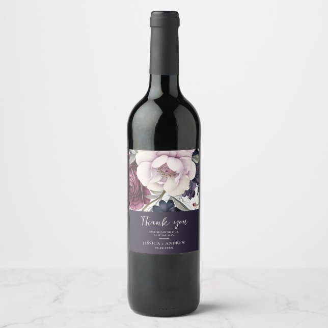 Burgundy Plum Purple Floral Watercolor Wedding Wine Label (Front)