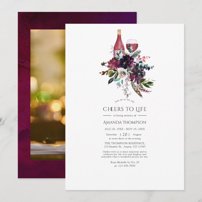 Burgundy Plum Red Wine Tasting Celebration of Life Invitation (Front/Back)