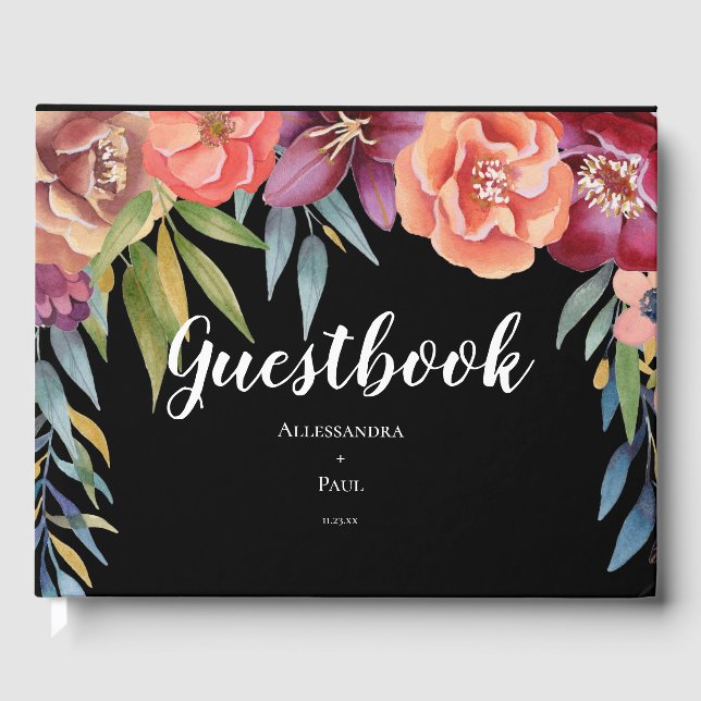 Burgundy & Plum Tropical Modern Floral Photo Guest Book (Front)