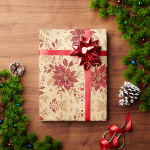 Burgundy Poinsettia & Champagne Gold Christmas Wra Wrapping Paper