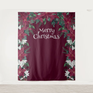 Burgundy Poinsettia Christmas Party Backdrop Tapestry