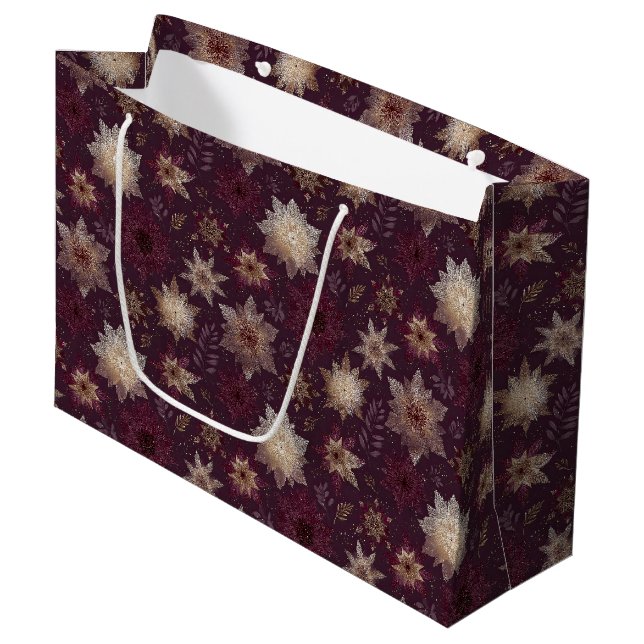 Burgundy Poinsettia Christmas Pattern (2) Large Gift Bag (Front Angled)