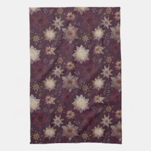Burgundy Poinsettia Christmas Pattern (2) Tea Towel