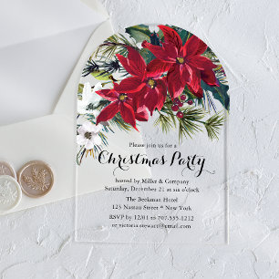 Burgundy Poinsettia Corporate Christmas Party Acrylic Invitations