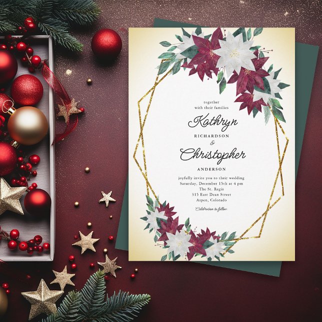 Burgundy Poinsettia Gold Frame Christmas Wedding Invitation (Creator Uploaded)