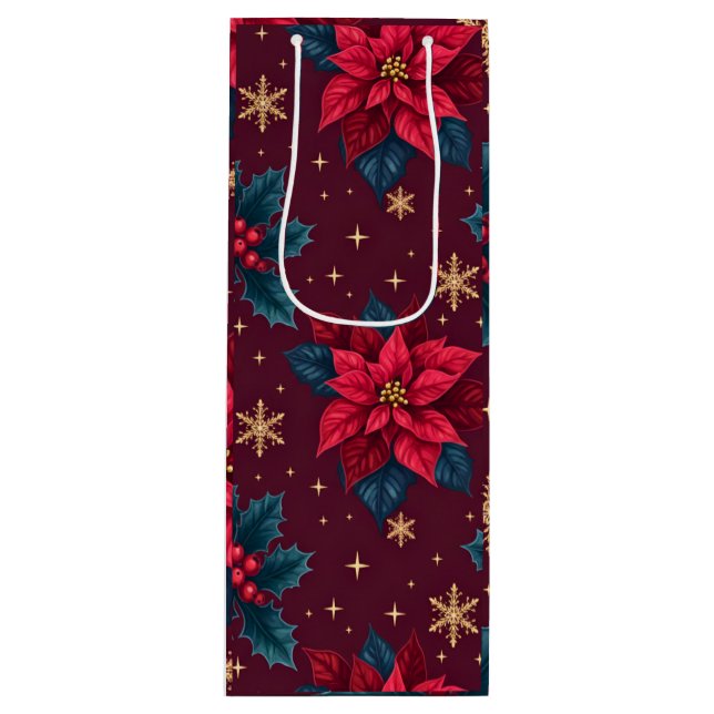 Burgundy Poinsettia & Gold Snowflake Dark Feminine Wine Gift Bag (Front)