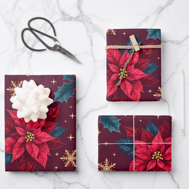 Burgundy Poinsettia & Gold Snowflake Dark Feminine Wrapping Paper Sheet (Front)