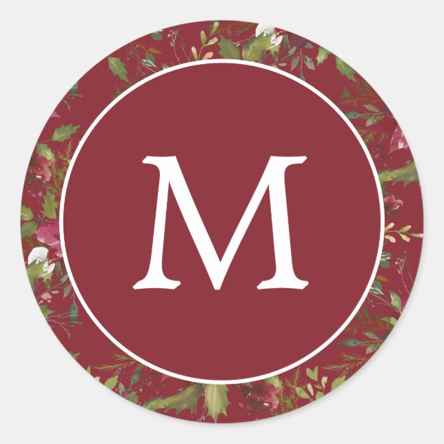 Burgundy Poinsettia Monogram Christmas Holiday Classic Round Sticker (Front)