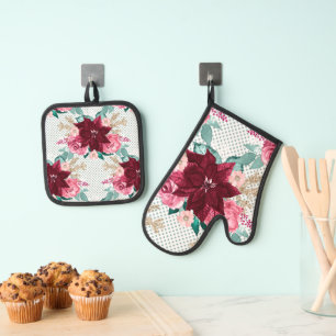 Burgundy Poinsettia Pink Roses Oven Mitt & Pot Holder Set