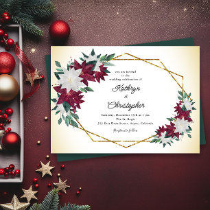 Burgundy Poinsettias Gold Frame Christmas Wedding Invitation