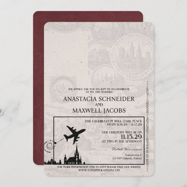 Burgundy Poland Passport Wedding Invitation (Front/Back)