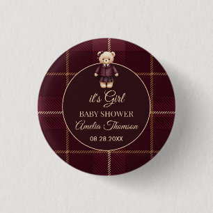burgundy Polo Teddy Bear Preppy Plaid Baby Shower 3 Cm Round Badge