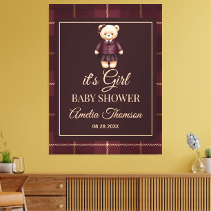 burgundy Polo Teddy Bear Preppy Plaid Baby Shower  Canvas Print