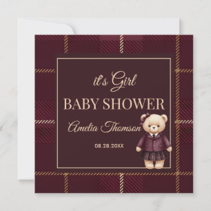 burgundy Polo Teddy Bear Preppy Plaid Baby Shower  Invitation