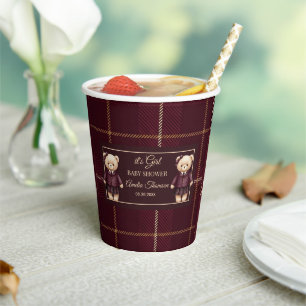 burgundy Polo Teddy Bear Preppy Plaid Baby Shower  Paper Cups