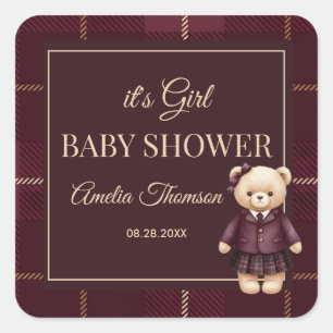 burgundy Polo Teddy Bear Preppy Plaid Baby Shower Square Sticker