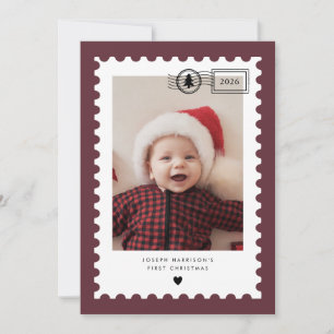 Burgundy Postage Stamp Baby's 1st Christmas Photo Holiday Card