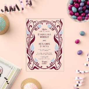 Burgundy & Powder Blue Art Nouveau Elegant Wedding Acrylic Invitations