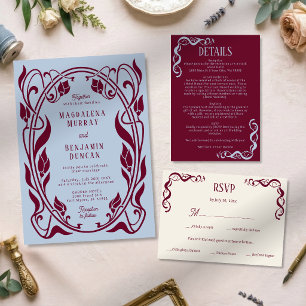 Burgundy & Powder Blue Art Nouveau Elegant Wedding Invitation