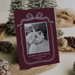 Burgundy Powder Blue Bow Frame Photo Holiday Card