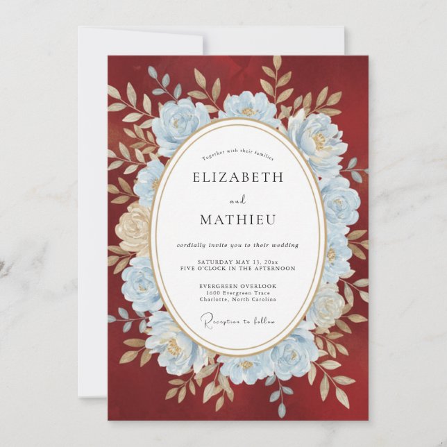 Burgundy Powder Blue Winter Wedding Invitation (Front)