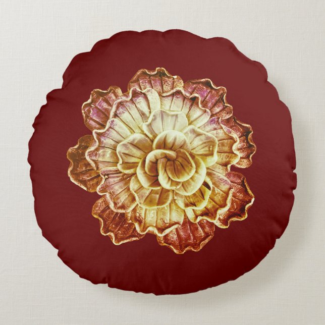 Burgundy (Primary) & Cream Rosette Elegance Round  Cushion (Front)