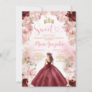 Burgundy Princess Dress Pink Floral Sweet Sixteen Invitation
