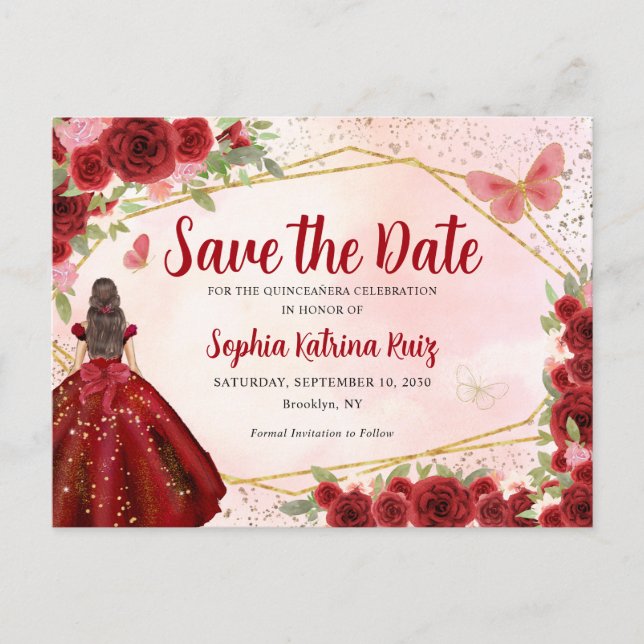 Burgundy Princess Floral Quinceañera Save the Date Postcard (Front)